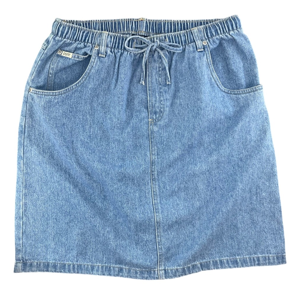 VTG Blassport Denim Mini Skirt Womens 14 Blue Elastic Waist Bow 90s Minimalism